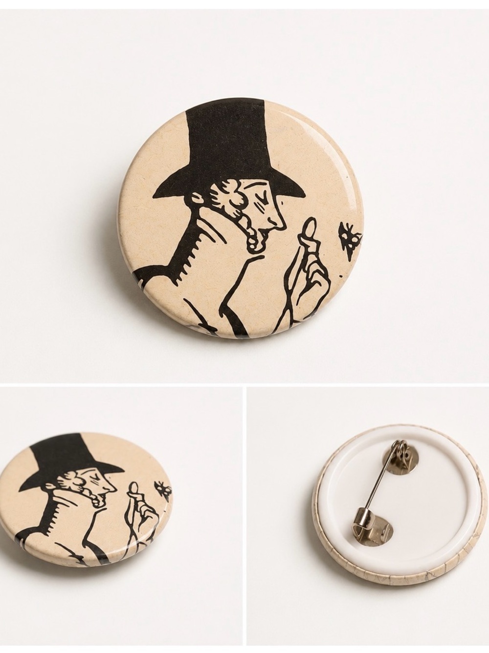 Vintage Victorian Gentleman Pinback Button Brooch | Black & White Illustration |